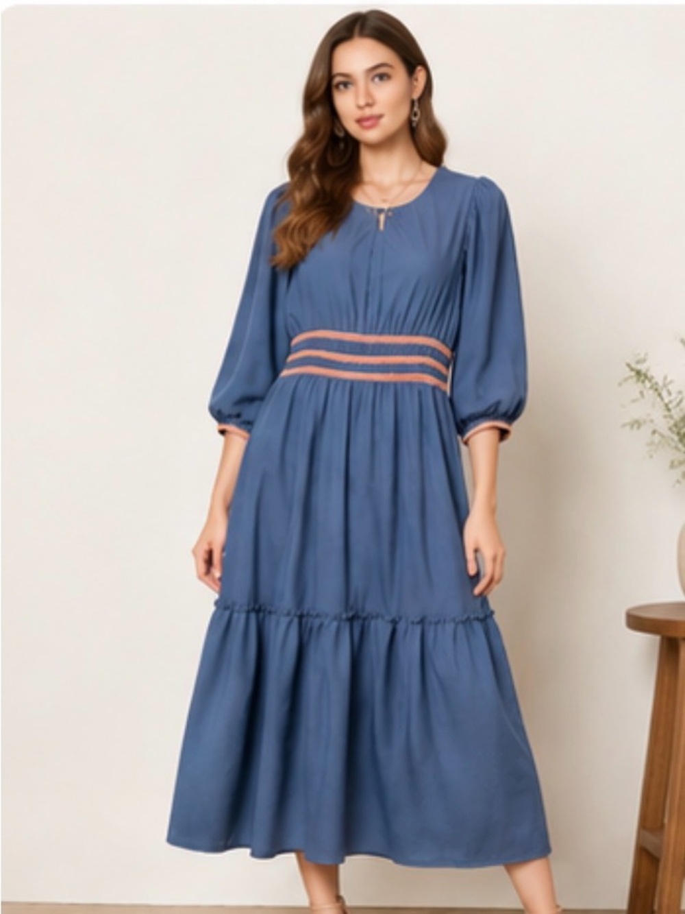 Umgee Sample Boutique Midi Dress Navy Blue Velvet Trim 3/4 Puff Sleeve - Picture 7 of 7